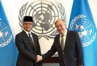 Menteri Luar Negeri RI Sugiono saat bertemu Sekretaris Jenderal PBB António Guterres di Markas Besar PBB, New York.
Sumber foto: Biro Pers Kementerian Luar Negeri RI / Kemlu RI