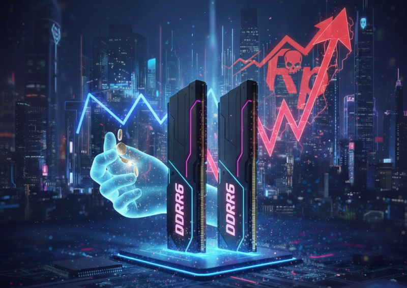 Ilustrasi konsep teknologi RAM DDR6 yang menampilkan visual futuristik peningkatan kecepatan dan bandwidth komputasi generasi berikutnya. Gambar ini merupakan visualisasi yang dibuat menggunakan kecerdasan buatan (AI) untuk tujuan ilustratif.