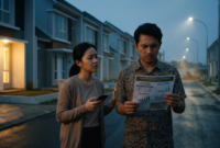 Ilustrasi pasangan muda di depan perumahan dengan perasaan kecewa (Foto AI)