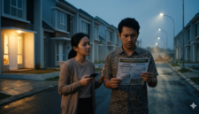 Ilustrasi pasangan muda di depan perumahan dengan perasaan kecewa (Foto AI)