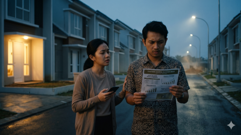 Ilustrasi pasangan muda di depan perumahan dengan perasaan kecewa (Foto AI)