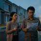 Ilustrasi pasangan muda di depan perumahan dengan perasaan kecewa (Foto AI)