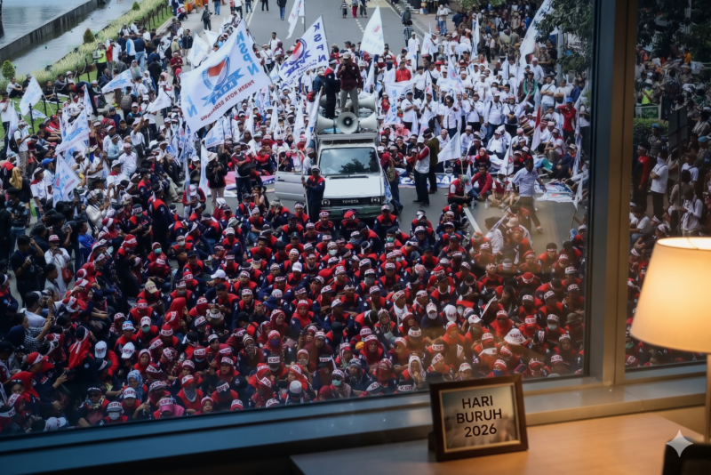 Ilustrasi Ribuan Buruh Mulai Bergerak ke Jakarta Jelang Peringatan May Day 2026 (Foto AI)