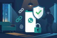 Ilustrasi cara mengamankan WhatsApp dari hacker: smartphone dengan perisai centang hijau, gembok, sidik jari, dan putus rantai, serta siluet hacker yang terhalang.(Foto AI)