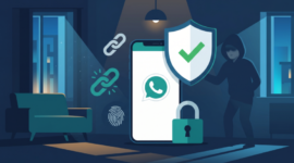 Ilustrasi cara mengamankan WhatsApp dari hacker: smartphone dengan perisai centang hijau, gembok, sidik jari, dan putus rantai, serta siluet hacker yang terhalang.(Foto AI)