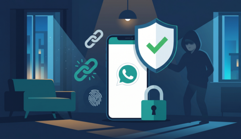 Ilustrasi cara mengamankan WhatsApp dari hacker: smartphone dengan perisai centang hijau, gembok, sidik jari, dan putus rantai, serta siluet hacker yang terhalang.(Foto AI)