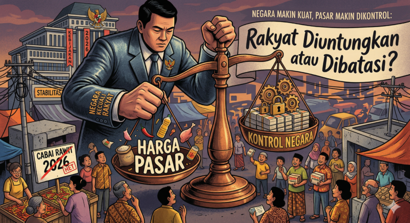 Ilustrasi Negara Makin Kuat, Pasar Makin Dikontrol: Rakyat Diuntungkan atau Dibatasi? (Foto AI)
