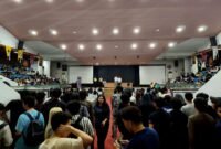 Forum sidang dugaan kasus pelecehan seksual di grup chat yang dihadiri 2 terduga pelaku di Auditorium Djokosoetono FH UI,Source:Tempo.co