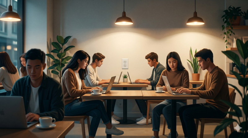 Ilustrasi Tren 'Co-Working Space' Alternatif: Ketika Kedai Kopi Lokal Bertransformasi Jadi Kantor Kedua Anak Muda(Foto AI)