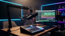 Pemanfaatan teknologi AI dan perangkat studio modern kini menjadi kunci efisiensi produksi bagi para kreator podcast independen.(Foto AI)