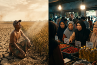 Ilustrasi Dampak Perubahan Iklim dalam Kehidupan Sehari-hari: Dari Meja Makan hingga Ancaman Bencana. (Foto AI)