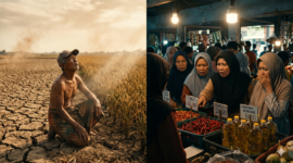 Ilustrasi Dampak Perubahan Iklim dalam Kehidupan Sehari-hari: Dari Meja Makan hingga Ancaman Bencana. (Foto AI)