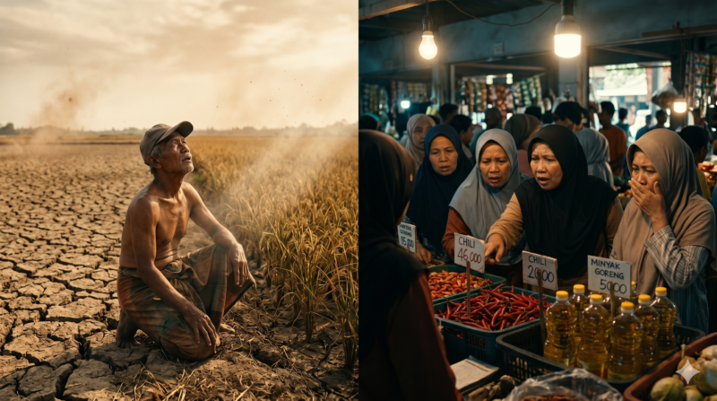 Ilustrasi Dampak Perubahan Iklim dalam Kehidupan Sehari-hari: Dari Meja Makan hingga Ancaman Bencana. (Foto AI)