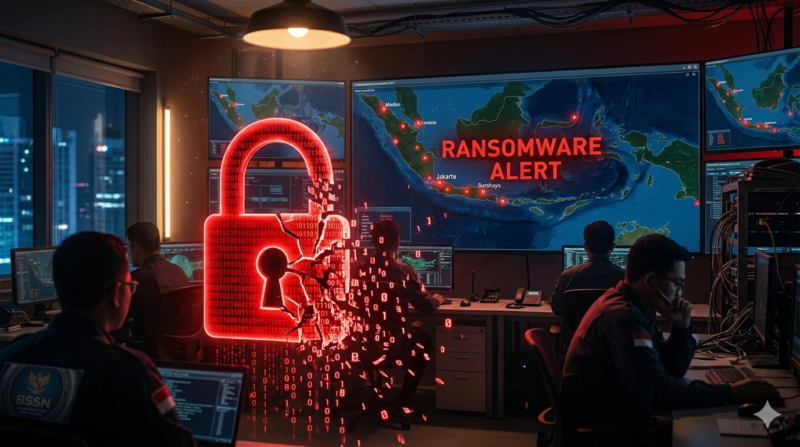 Ilustrasi BSSN Peringatkan Ransomware Tinbapore Incar Perbankan Nasional, Pemerintah Perketat Firewall Digital(Foto AI)