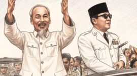 Ho Chi Minh bersama Sukarno berdiri di atas mobil, dengan gaya Colored Pencil Sketch Art