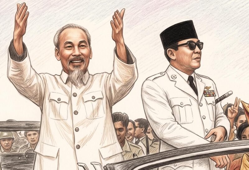 Ho Chi Minh bersama Sukarno berdiri di atas mobil, dengan gaya Colored Pencil Sketch Art