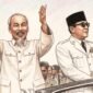 Ho Chi Minh bersama Sukarno berdiri di atas mobil, dengan gaya Colored Pencil Sketch Art