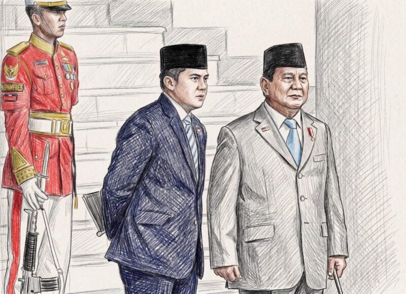 Seskab Teddy Indra Wijaya bersama Presiden Prabowo Subianto, dengan gaya Colored Pencil Sketch Art