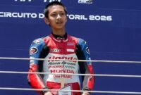 Foto: Kiandra Ramadhipa saat Meraih Podium di Sirkuit Estoril, Portugal, pada ajang Moto3 Junior World Championship.