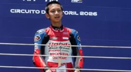 Foto: Kiandra Ramadhipa saat Meraih Podium di Sirkuit Estoril, Portugal, pada ajang Moto3 Junior World Championship.
