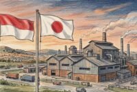 Ilustrasi Sketch Art Pencil, Gambar Pabrik dan Bendera Jepang - Indonesia