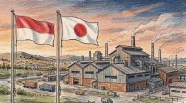 Ilustrasi Sketch Art Pencil, Gambar Pabrik dan Bendera Jepang - Indonesia