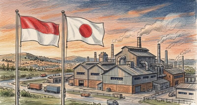 Ilustrasi Sketch Art Pencil, Gambar Pabrik dan Bendera Jepang - Indonesia