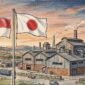 Ilustrasi Sketch Art Pencil, Gambar Pabrik dan Bendera Jepang - Indonesia