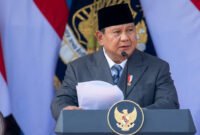 Foto: Prabowo Subianto dalam peringatan Hari Bhayangkara ke-80 yang digelar di Satlat Brimob Cikeas, Bogor, Jawa Barat, Rabu (1/7/2026)