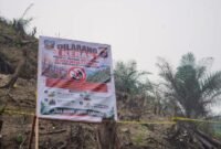 Polisi memasang garis polisi dan plang larangan di lahan bekas karhutla Dharmasraya. (Foto: Kompas.com)